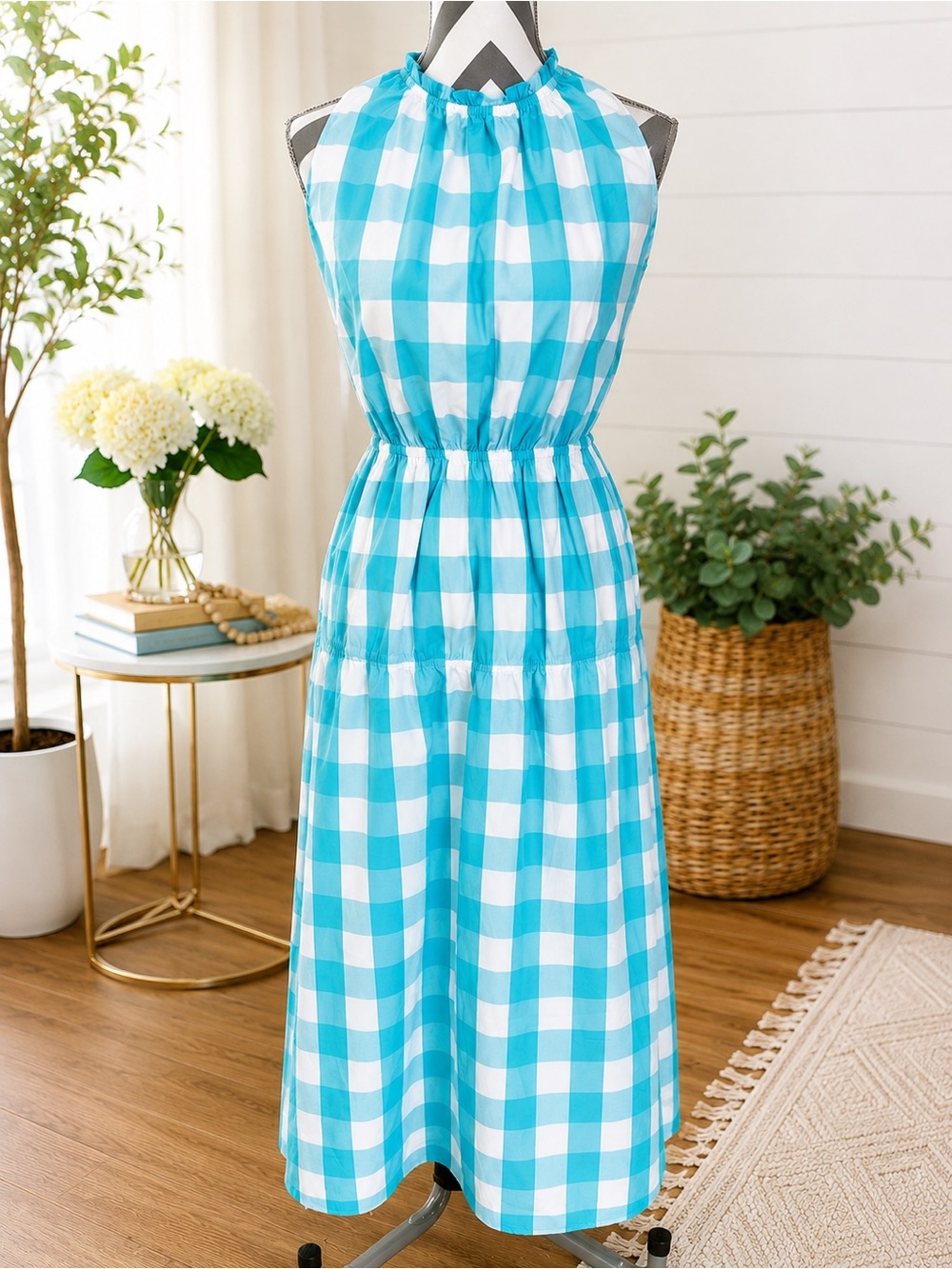 Ann Taylor Blue and White Gingham Midi Dress
